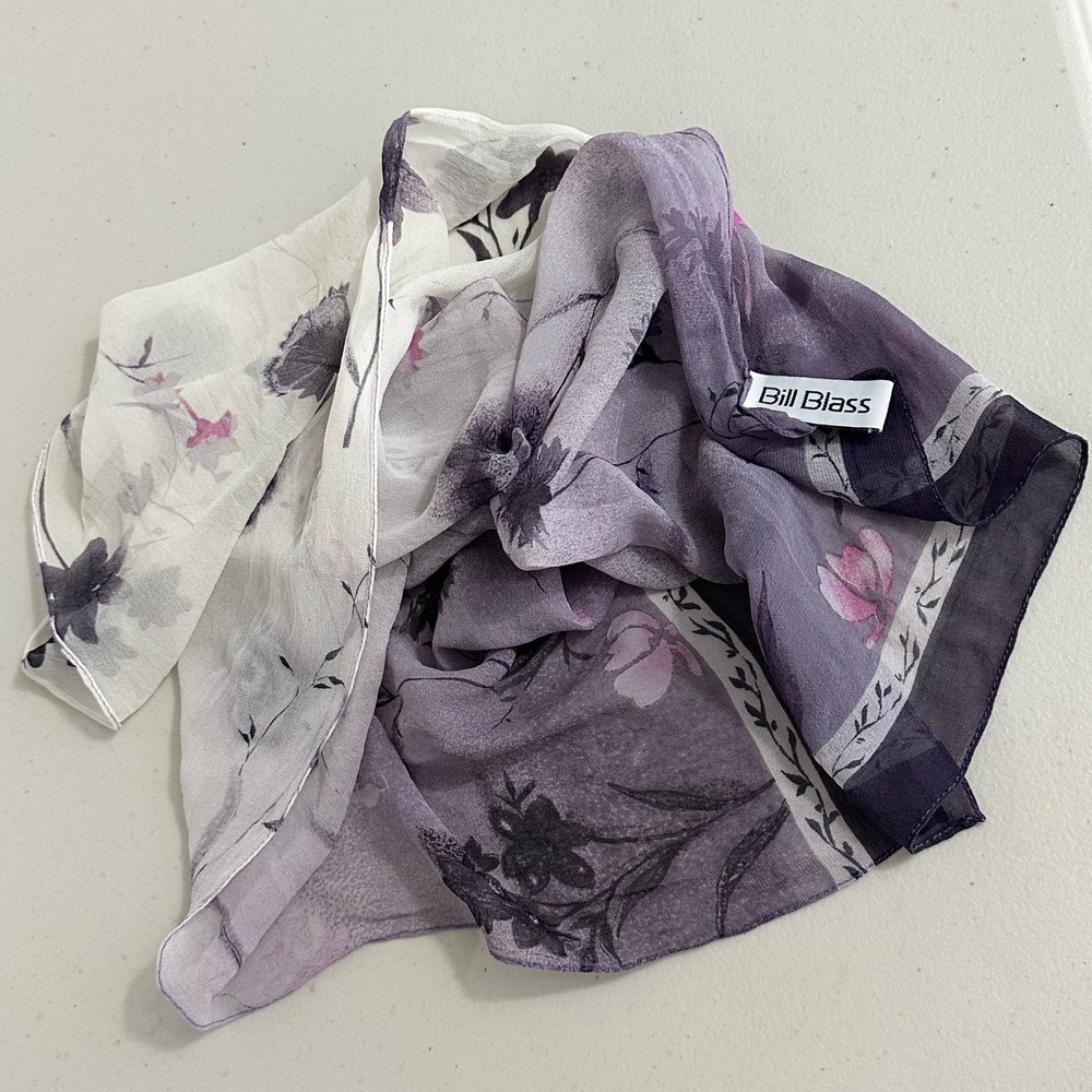 Bill Blass Purple Floral 100% Silk Scarf Wrap Botanical Print Vintage 52 x 13